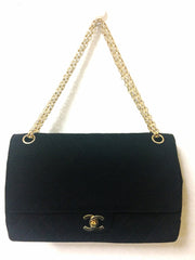 70's vintage Chanel classic black jersey 2.55 bag with double flap and skinny chain straps. One-of-a-kind bag. Ves