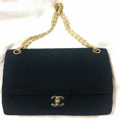 70's vintage Chanel classic black jersey 2.55 bag with double flap and skinny chain straps. One-of-a-kind bag. Ves