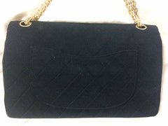 70's vintage Chanel classic black jersey 2.55 bag with double flap and skinny chain straps. One-of-a-kind bag. Ves