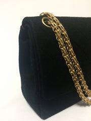 70's vintage Chanel classic black jersey 2.55 bag with double flap and skinny chain straps. One-of-a-kind bag. Ves