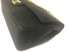 70's vintage Chanel classic black jersey 2.55 bag with double flap and skinny chain straps. One-of-a-kind bag. Ves