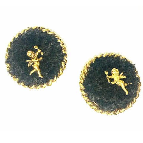 Vintage Karl Lagerfeld extra large round earrings with genuine dark brown sheep fur and angel. Masterpiece jewelry from Chanel designer.