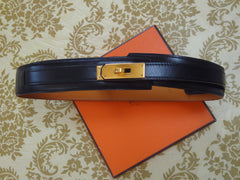 MINT. Vintage HERMES black box calf leather Kelly belt. Stamp S in O, 1989. size 65. 23", 24", 25", and 25.5".