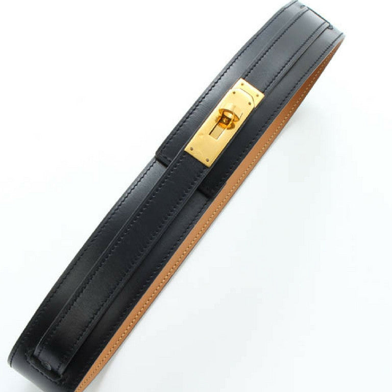 MINT. Vintage HERMES black box calf leather Kelly belt. Stamp S in O, 1989. size 65. 23", 24", 25", and 25.5".