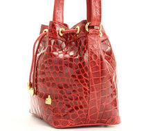 Vintage LANVIN genuine glossy red crocodile bucket, hobo shoulder bag. Rare bag.