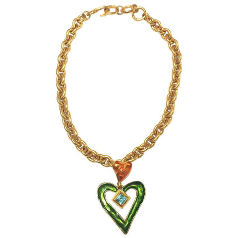 MINT. Vintage Christian Lacroix chain jeweled statement necklace with orange, blue, and green heart pendant top. Gorgeous masterpiece.