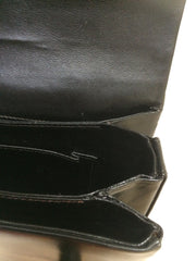 80's Vintage LANVIN classic black leather shoulder bag, tote bag with golden logo motif.