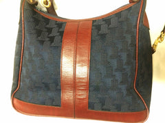 Vintage LANVIN navy logo jacquard shoulder bag with wine, bordeaux leather trimmings. Great masterpiece. Must Have