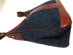 Vintage LANVIN navy logo jacquard shoulder bag with wine, bordeaux leather trimmings. Great masterpiece. Must Have