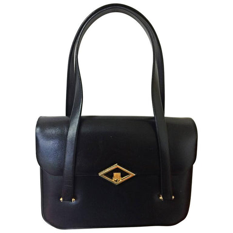 80's Vintage LANVIN classic black leather shoulder bag, tote bag with golden logo motif.