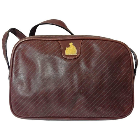Vintage LANVIN wine brown logo printed leather shoulder bag with iconic golden logo motif, classic purse for daily use.