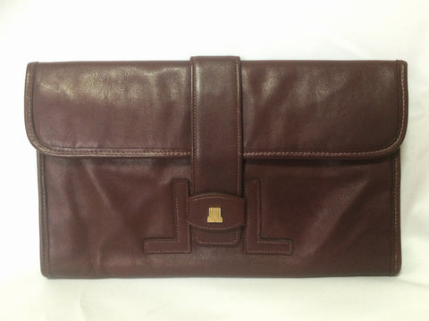 Vintage LANVIN elegant dark wine leather mini document clutch bag with iconic golden L logo motif. Classic Jige type purse for unisex.