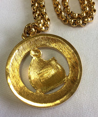 MINT. Vintage LANVIN golden chain necklace with large round logo pendant top with crystal stones. Perfect vintage jewelry. Germany made.