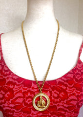 MINT. Vintage LANVIN golden chain necklace with large round logo pendant top with crystal stones. Perfect vintage jewelry. Germany made.