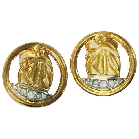 MINT. Vintage Lanvin round earring iconic logo motif and crystal stones. Made in Germany. Perfect vintage jewelry gift.