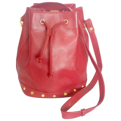 Vintage LANVIN apricot red hobo bucket shoulder bag with studded logo motifs.