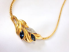MINT. Vintage LANVIN golden chain necklace with golden leaf motif pendant top with clear and navy crystal stones. Perfect jewelry gift.