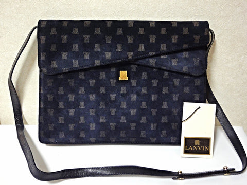 Vintage Lanvin navy suede leather clutch shoulder bag with LL prints and golden logo motif. Double envelop style. Chic and mod classic purse