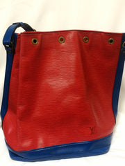 Vintage Louis Vuitton red, blue, and green, epi bucket hobo GM noe shoulder bag. Classic LV bag.