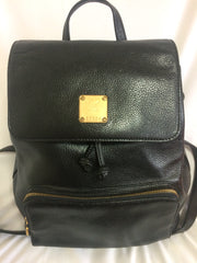 Vintage MCM black leather backpack with golden studded logo motifs. Designed by Michael Cromer. Unisex bag for daily use.