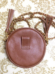 Vintage MCM brown leather round mini Suzy Wong shoulder bag with golden logo motifs. trimmings. Designed by Michael Cromer.