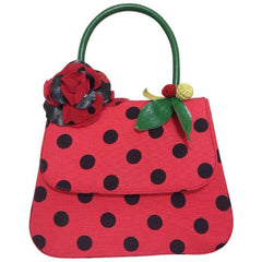 MINT. Vintage Moschino red and black canvas polkadot kelly handbag with a matching rose flower and leaf and crochet fruits motifs. 0506307