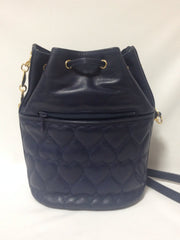 MINT. Vintage MOSCHINO navy heart shape quilted lambskin shoulder hobo bucket purse with golden heart chain strap. Too cute to carry.