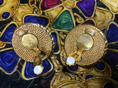 Vintage ESCADA extra large round golden earrings with heart, faux pearl, and rhinestones.
