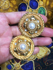 Vintage ESCADA extra large round golden earrings with heart, faux pearl, and rhinestones.