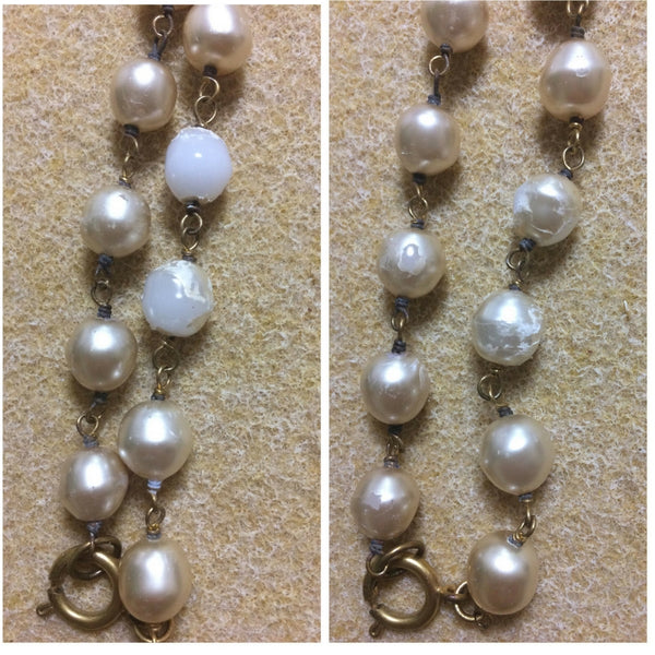 Vintage CHANEL white cream faux baroque pearl necklace with large CC mark  pendant top. Classic design jewelry from 80's.