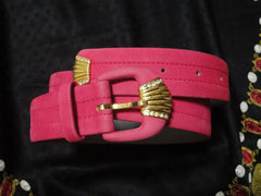 80's Vintage Christian Dior tropical pink suede leather belt with gold motif and crystal stones. Mod and chic belt from Dior.