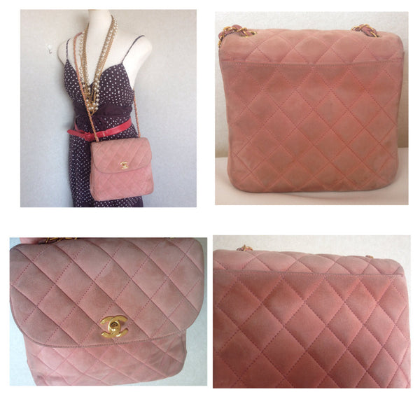 Vintage CHANEL light pink quilted suede 2.55 shoulder bag with