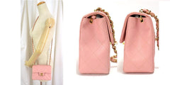 Vintage CHANEL milky pink caviar leather flap chain shoulder bag, classic 2.55 mini purse with gold tone CC closure hock