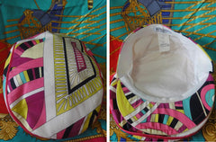 Vintage Emilio Pucci cotton flat hat in pink, purple. yellow, blue, white, multicolor geometric print. Colorful cap