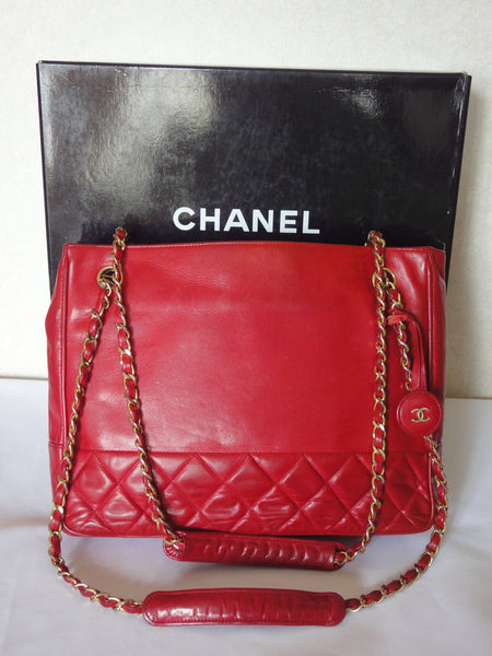 Vintage CHANEL red lambskin large tote bag with gold tone chains