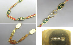 70's, 80's Vintage Roberta di Camerino rare orange and green colorful and golden chain jewelry logo charm long necklace and belt.