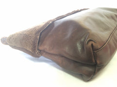 80's vintage FENDI dark brown large leather clutch purse, pouch, toiletry bag with genuine rabbit fur collar with pom pom.