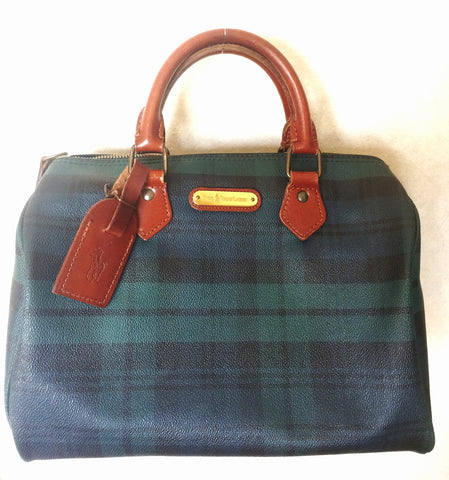 Vintage Ralph Lauren green tartan-checked purse in speedy bag style. Green check mini duffle bag for daily use.