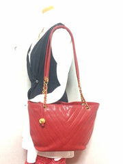 Vintage CHANEL red caviarskin v stitch, chevron style chain shoulder tote bag with golden CC ball charm. Classic purse for daily use.