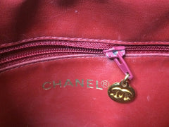 Vintage CHANEL red caviarskin v stitch, chevron style chain shoulder tote bag with golden CC ball charm. Classic purse for daily use.