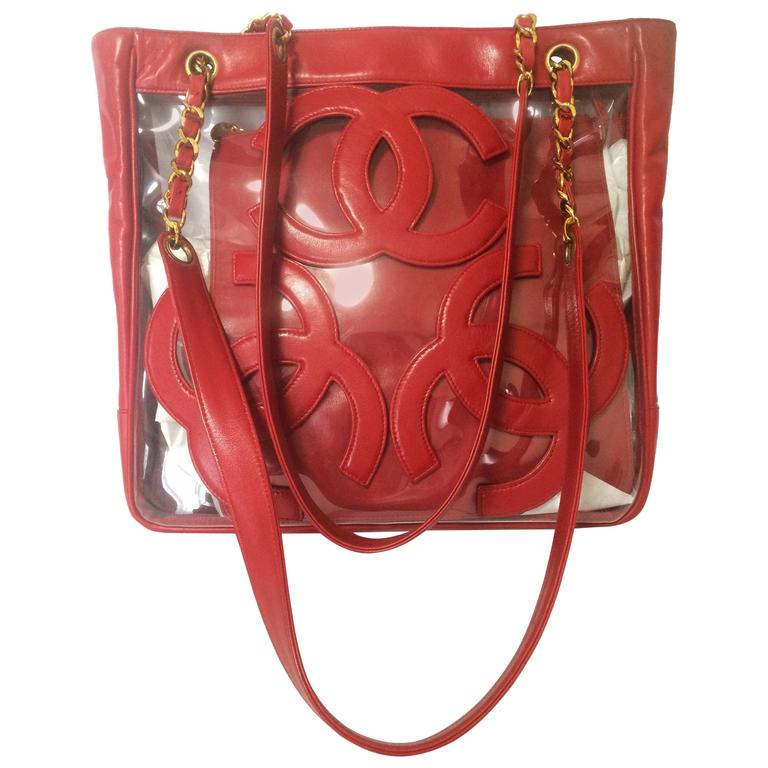 Vintage CHANEL clear vinyl and red leather combination shoulder