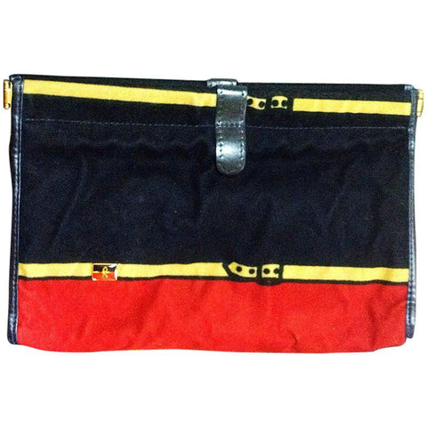 Vintage Roberta di Camerino, Ambassador, red, navy, and beige velvet clutch purse, makeup, cosmetic pouch with golden logo motif.