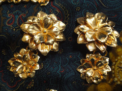 Vintage Sonia Rykiel Bijoux rare golden flower charm art statement necklace and dangling earring set. Gorgeous runway masterpiece jewelry.