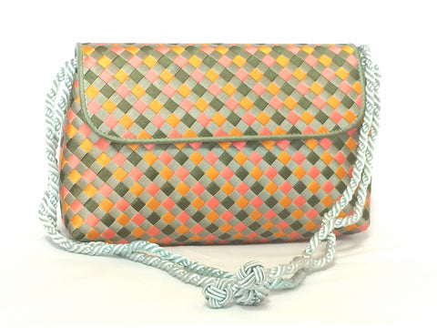 Vintage Bottega Veneta woven satin, classic intrecciato handbag purse in pink, orange, light blue, and green color. Can be clutch pouch.