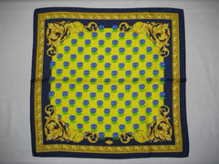 MINT. Vintage Gianni Versace yellow, blue, green, and gold Victorian and flower pattern print silk scarf. Gorgeous masterpiece from Italy