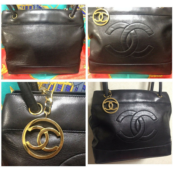 Vintage CHANEL black classic tote bag in nappa leather with gold