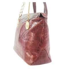 Vintage Gianni Versace brown croc-embossed leather shoulder tote bag with golden hardware and medusa charms.