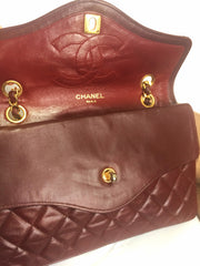 70's, 80's Vintage Chanel wine, bordeaux lambskin rare 2.55 double flap chain shoulder bag. One-of-a-kind bag back in the era.