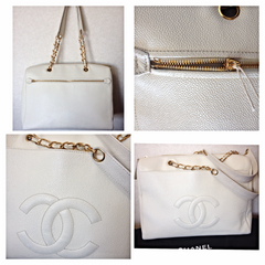 Vintage CHANEL white color caviar leather chain shoulder large tote bag with gold-tone chain handles and large CC stitch mark.