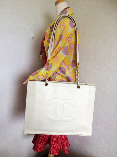 Vintage Chanel Leather Tote with Quilted Bottom & Chain Strap- Free  Shipping USA - The Happy Coin